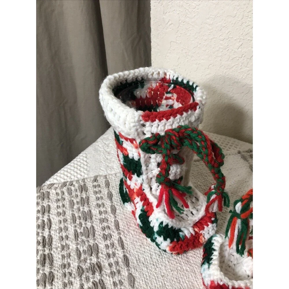 Christmas Stockings Vintage Handmade Grandma Square Crochet Red Green White 6